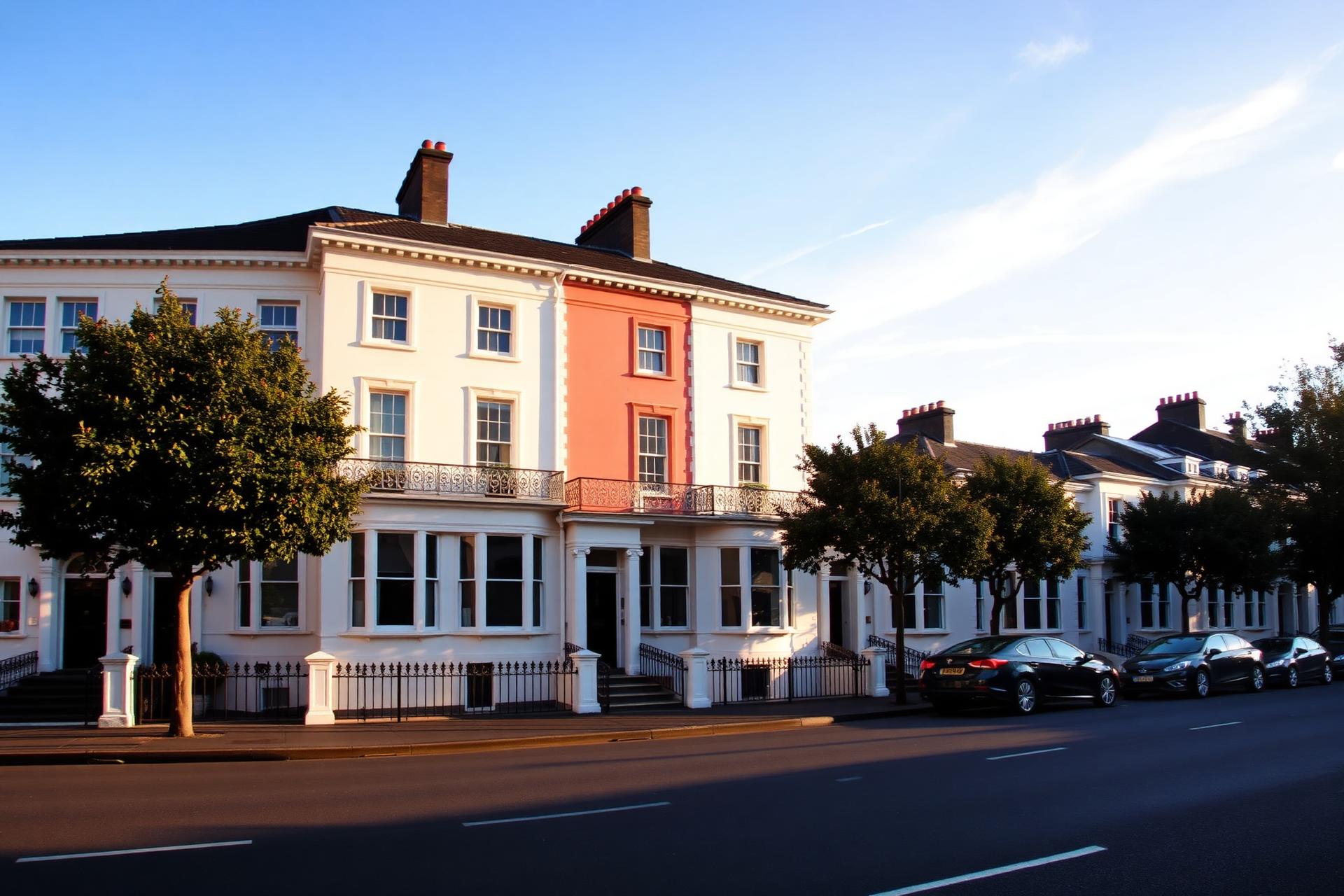 A Georgian streetscape in Waterford at golden hour